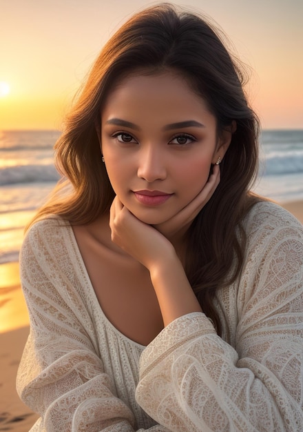Photo beautiful woman in light colored dress on the beach with sunset generative ai