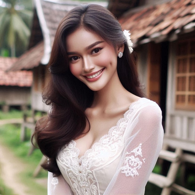A beautiful women with a warm smile wearing an elegant dress