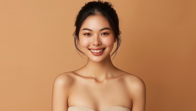 Photo beautiful young asian woman smiling and looking at the camera wearing a beige strapless dress