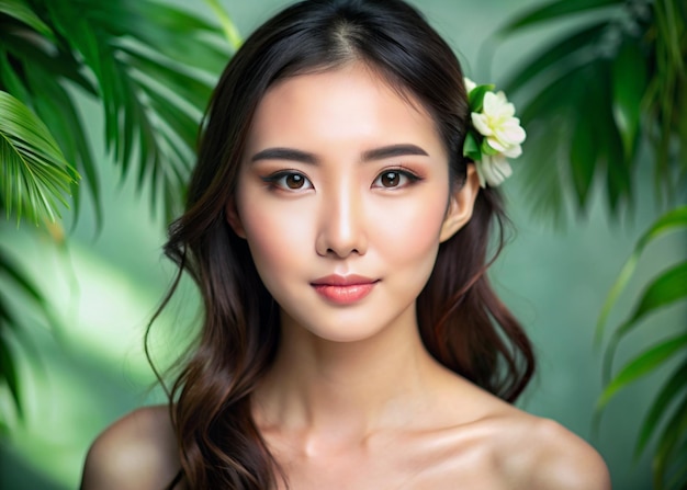 Photo beautiful young asian woman with clean fresh skin portrait medium shot face care facial treatment beauty and spa cosmetology