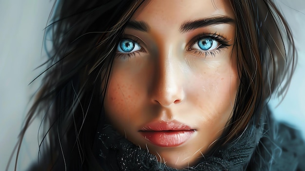 Photo a beautiful young woman with long dark hair and blue eyes she is wearing a black scarf and looking at the camera with a serious expression