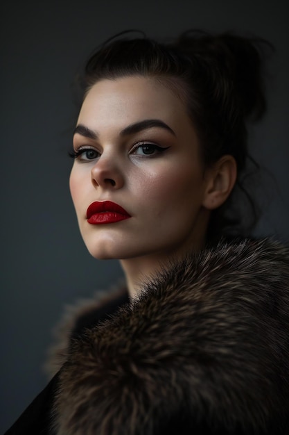 Beautiful young woman with red lips in fur coat on grey background
