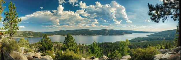 Фото Большое медвежье озеро калифорния величественный панорамный вид на горы и озеро серин в пышной зелени
