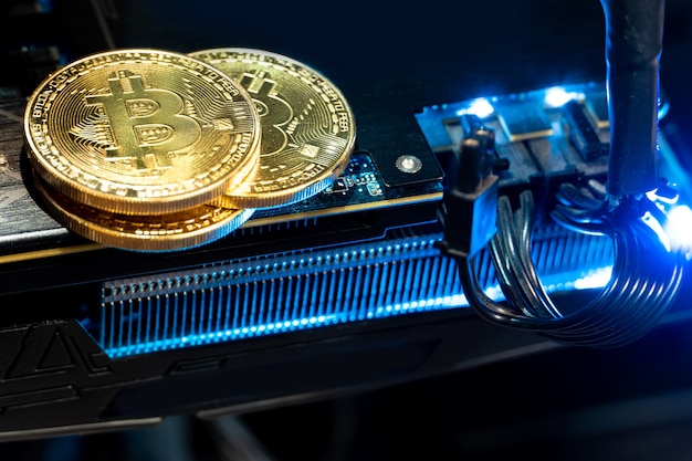 Фото Золотые монеты bitcoin на графическом процессоре. будущее денег.