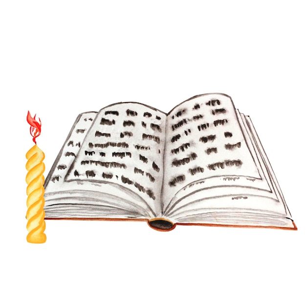 Фото Книга заклинаний со свечами акварельная иллюстрация набора для хэллоуина на белом фоне