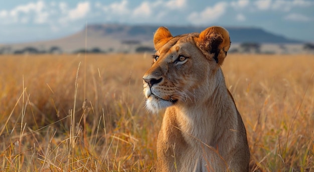 Большой лев сидит в желтой траве после охоты на фоне большой долины сафариMacroAI Generative