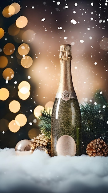 Фото Бутылка газированного шампанского с рождественской елкой на фоне изображения, сгенерированного искусственным интеллектом