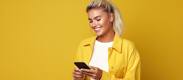 Фото Блондинка, держащая телефон, с любопытством смотрит вправо, стоя слева на желтом фоне