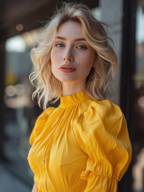 Фото Блондинка в желтом топе с открытыми плечами позирует для фотографии