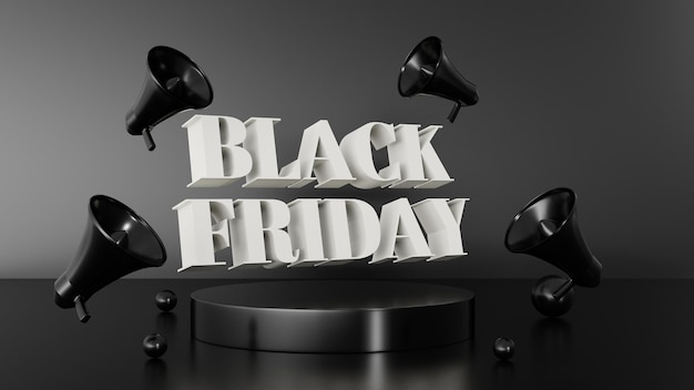 Фото Черная пятница надпись с мегафоном на черном подиуме промо-дисплейный фон для продажи 3d-рендер