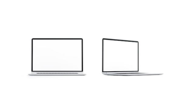 写真 空白の白いノートパソコンの画面のモックアップセットの正面図と側面図空のデジタルディスプレイのモックアップ分離