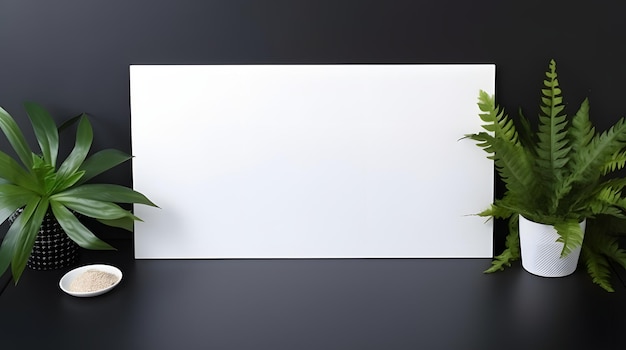 Фото Пустая белая бумага с тропическими листьями, лежащая на черном столе в домашнем офисе