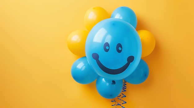 Фото Голубые и желтые воздушные шары в форме цветка на желтом фоне средний воздушный шар больше других и на нем улыбающееся лицо