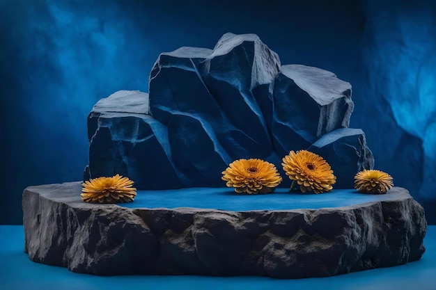 Photo blue rock podium with chrysanthemum flower
