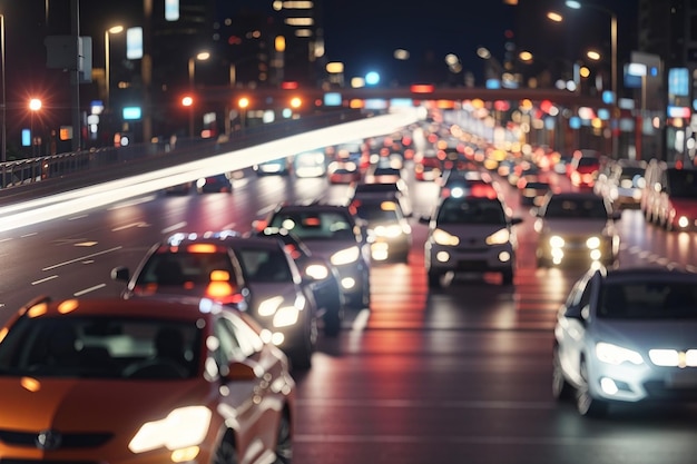 Foto immagini sfocate di ingorgo stradale su una strada larga luci dei freni sfocate denso traffico cittadino trasporti interscambio immagini notturne