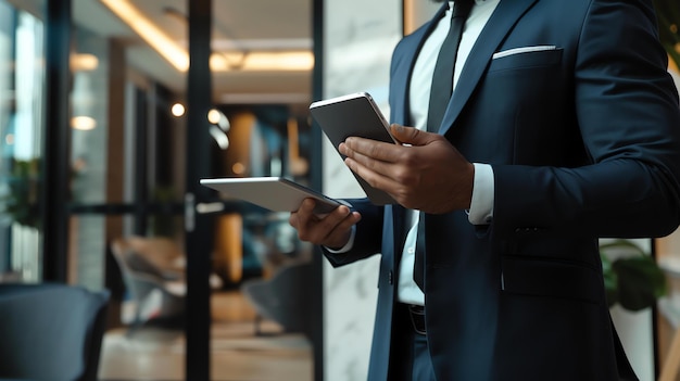 Бизнесмен в костюме использует два планшета в офисе