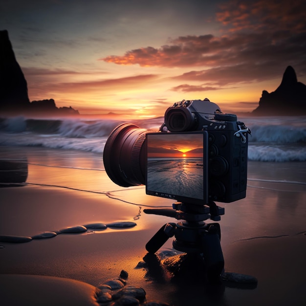 Камера на пляже снимает закат.
