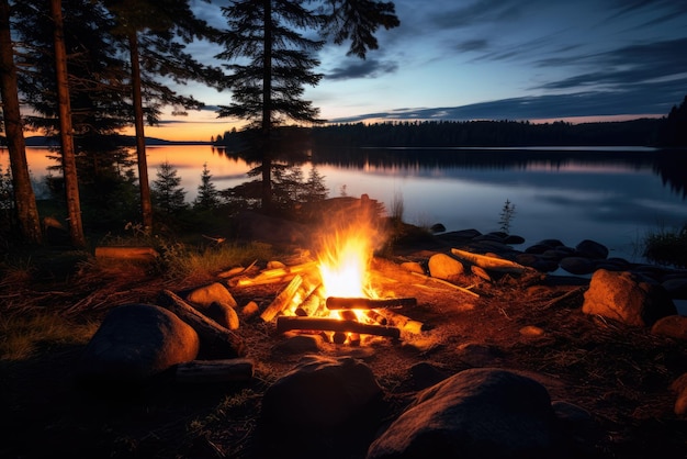 Photo camp fire with beautiful canadian nature landscape generative ai