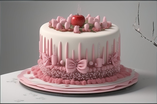 торт с розово-белой глазурью и красным яблоком сверху.