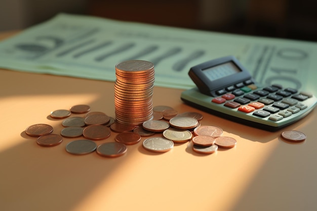Фото Калькулятор с монетами на столе