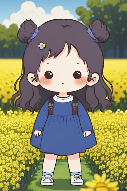 사진 만화 애니메이션 스타일 막대기 그림 바탕화면 배경에서 노란색 꽃을 입은 예쁜 어린 소녀
