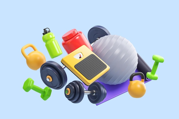 Фото Фитнес-оборудование для мультфильмов шары, гантели, весы, кетлебелл, протеиновый фитнес-мат концепция здорового образа жизни, занимаясь спортом 3d-рендеринг
