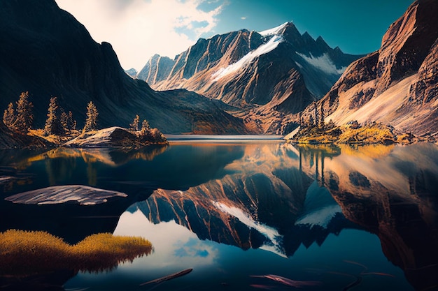 Фото Мультяшная плоская панорама весеннего лета красивой природы, зеленых лугов, лугов с цветами, леса, живописного голубого озера, гор на фоне горизонта, иллюстрации пейзажа горного озера.