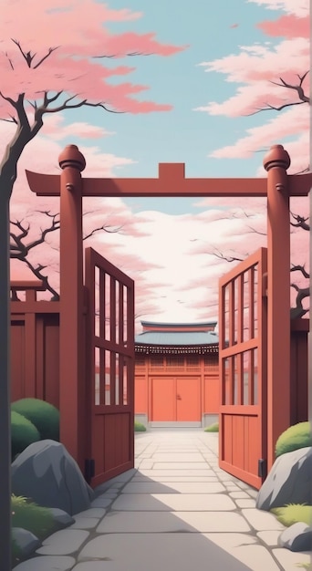 Photo a cartoon image of a gate with a pink sky and trees