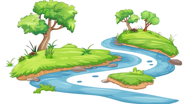 Photo a cartoon image of a river flowing through a green field the river is blue and winding and the field is lush and green