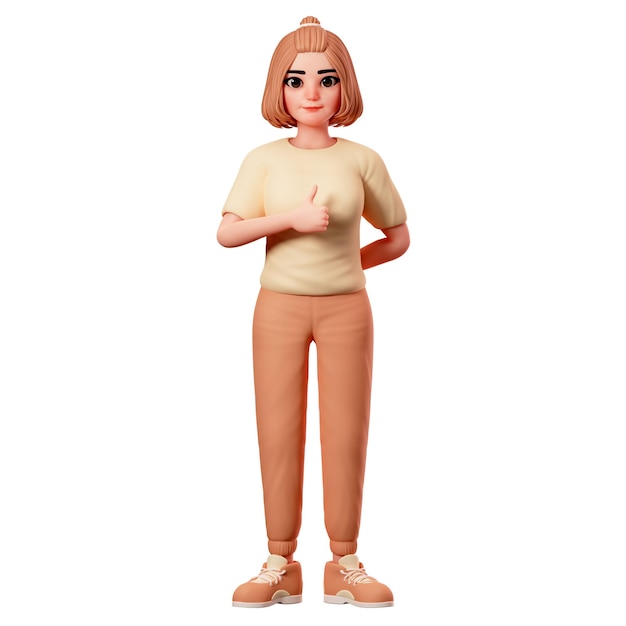 Photo casual girl showing thumbs up pose using left hand 3d character render illustration