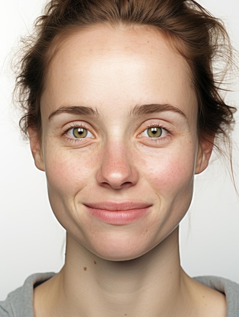 Foto causal jonge vrouw zonder make-up die huidtextuur laat zien