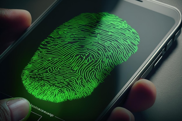 Фото Мобильный телефон с зеленым отпечатком пальца на фоне экрана generative ai