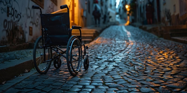 Черная инвалидная коляска припаркована на мостовой улице.