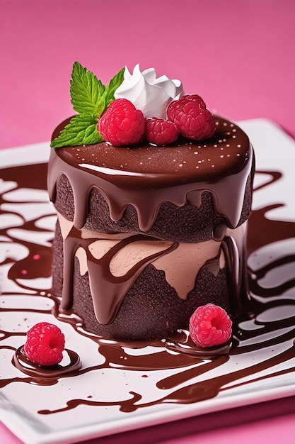 шоколадный торт с малиной и малиной сверху.