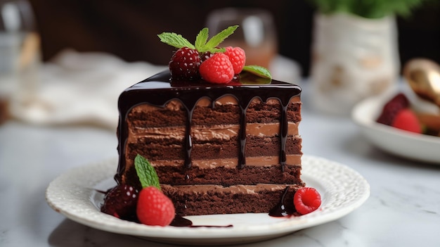 Photo chocolate cake with raspberries