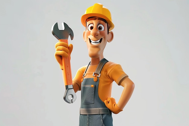 Фото Веселый 3d-карикатурный персонаж строителя, держащий ключ на пустом фоне