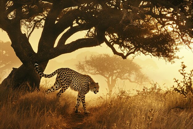 Foto cheetah loopt over een gebogen boom in de savanne.