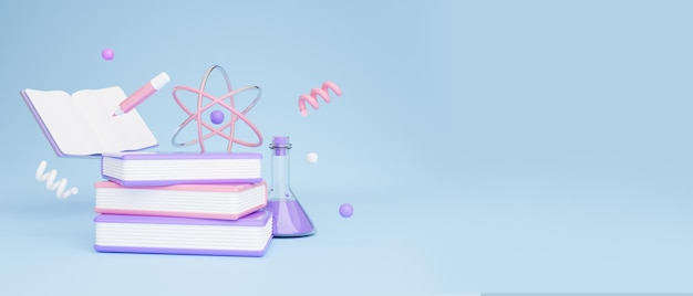 Фото Научный коллаж по химии со стопкой учебных книг на синем фоне