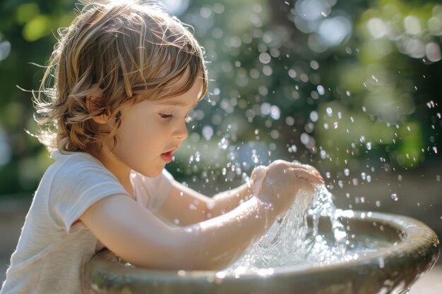 写真 噴水 から 水 を 飲む 子供