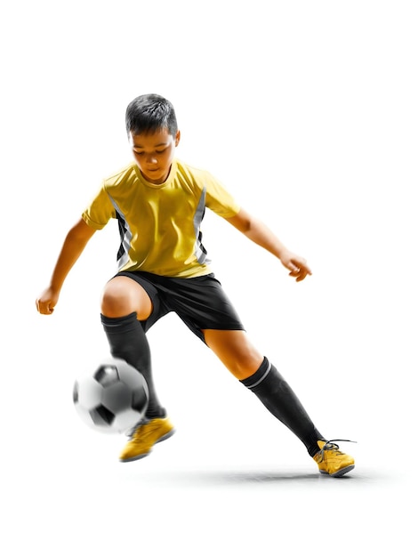 Photo children soccer player in action isolated white background
