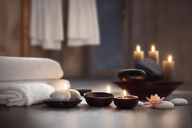 Photo composition with spa soft towels candles black hot stones and lotus flowers on a wooden white floor close view spa concept romantic cozy