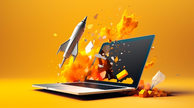 Photo computer monitor in a fire with a laptop and a fire explosion