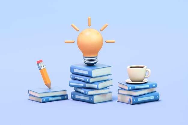 Фото Концепция исследования в области образования и идея запуска стопка книг, лампочка, карандаш и кофейная чашка на синем фоне 3d иллюстрация