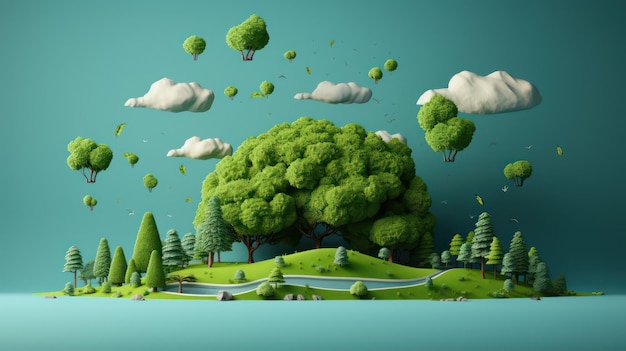 Фото Концептуальное изображение зеленого леса с деревьями и облаками в небе
