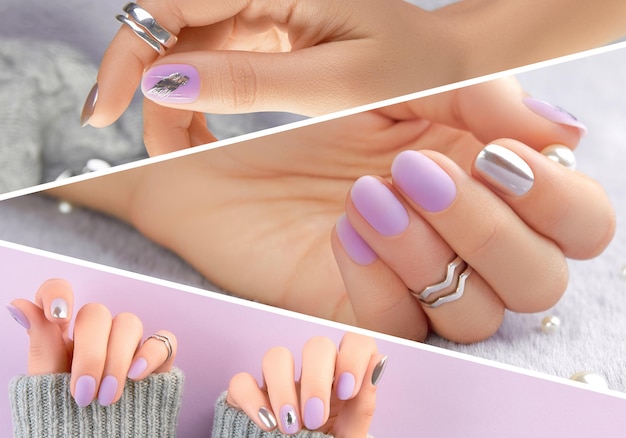 Collage with womans hands with matte lavender and silver nails manicure pedicure design trends