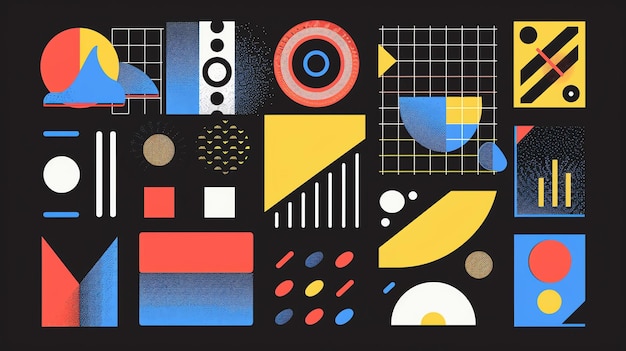 A collection of abstract geometric shapes in a variety of bright colors