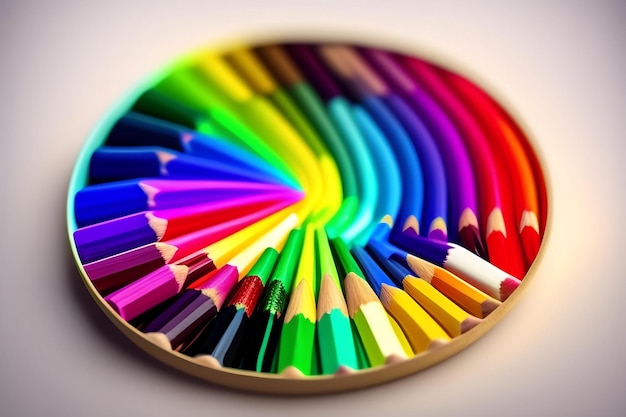 Фото Цветные карандаши с рисунком радуги на белом фоне. вид сверху