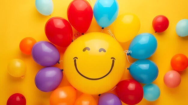 Фото Цветные шарики на желтом фоне шарики расположены в круге вокруг большого улыбающегося желтого шарика