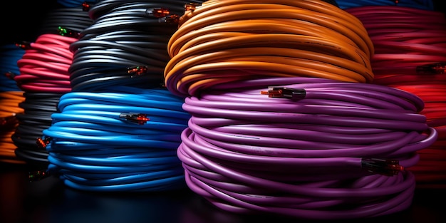 Фото Цветный пучок волоконно-оптических кабелей, созданный с помощью инструментов для связи концепция волоконно.