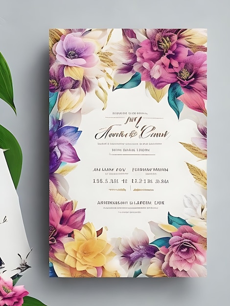 Фото Красочный цветочный шаблон свадебного приглашения. умный дизайн с размером а4 и качеством 8k hd.